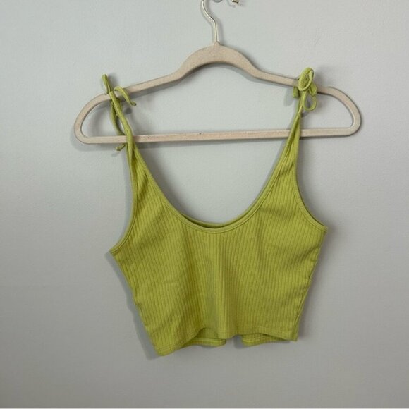 Vibrant Lime Green Tie Shoulder Ribbed Crop Tank Top Women’s Size Medium - Picture 4 of 5